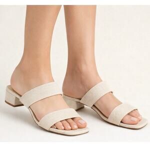 Joie Nolita Linen Sandals Open Square Toe Block Heel Flat Preppy Classic Kitten